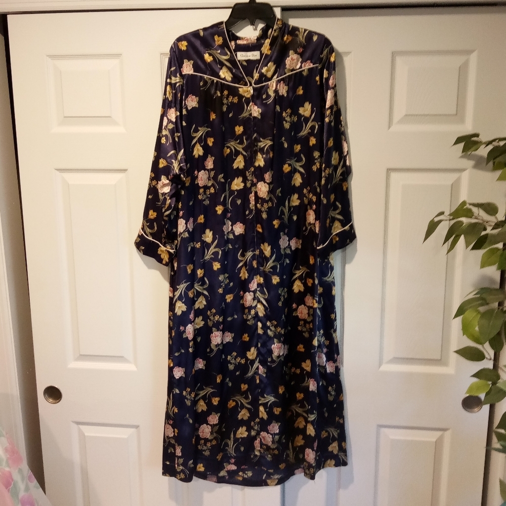 Christian Dior Vintage Silk Satin Flower Nightgown Pajamas Kimono Bath Robe Y2K